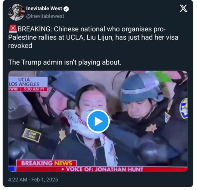 Chinese national who organises pro-Palestine rallies at UCLA, Liu Lijun, has just had her visa revoked.jpg